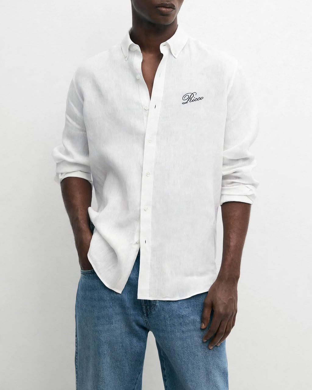Ricco chalk white linen button-down shirt, view 3