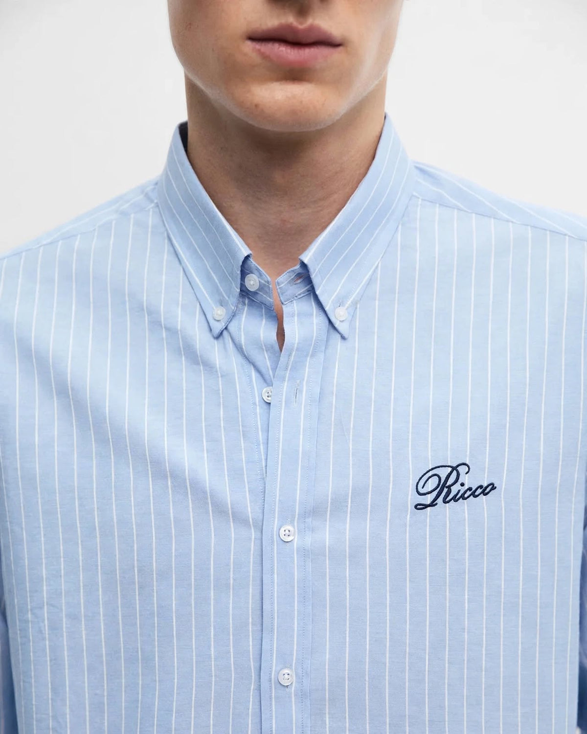 Ricco sky blue seersucker pinstripe button-down shirt, view 3