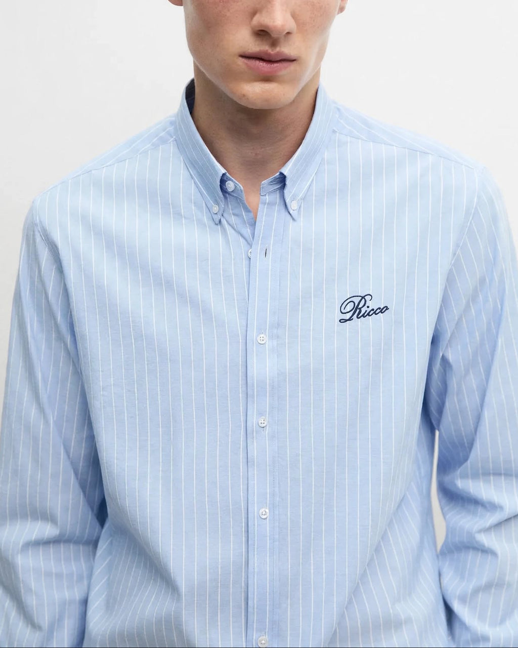 Ricco sky blue seersucker pinstripe button-down shirt, view 5