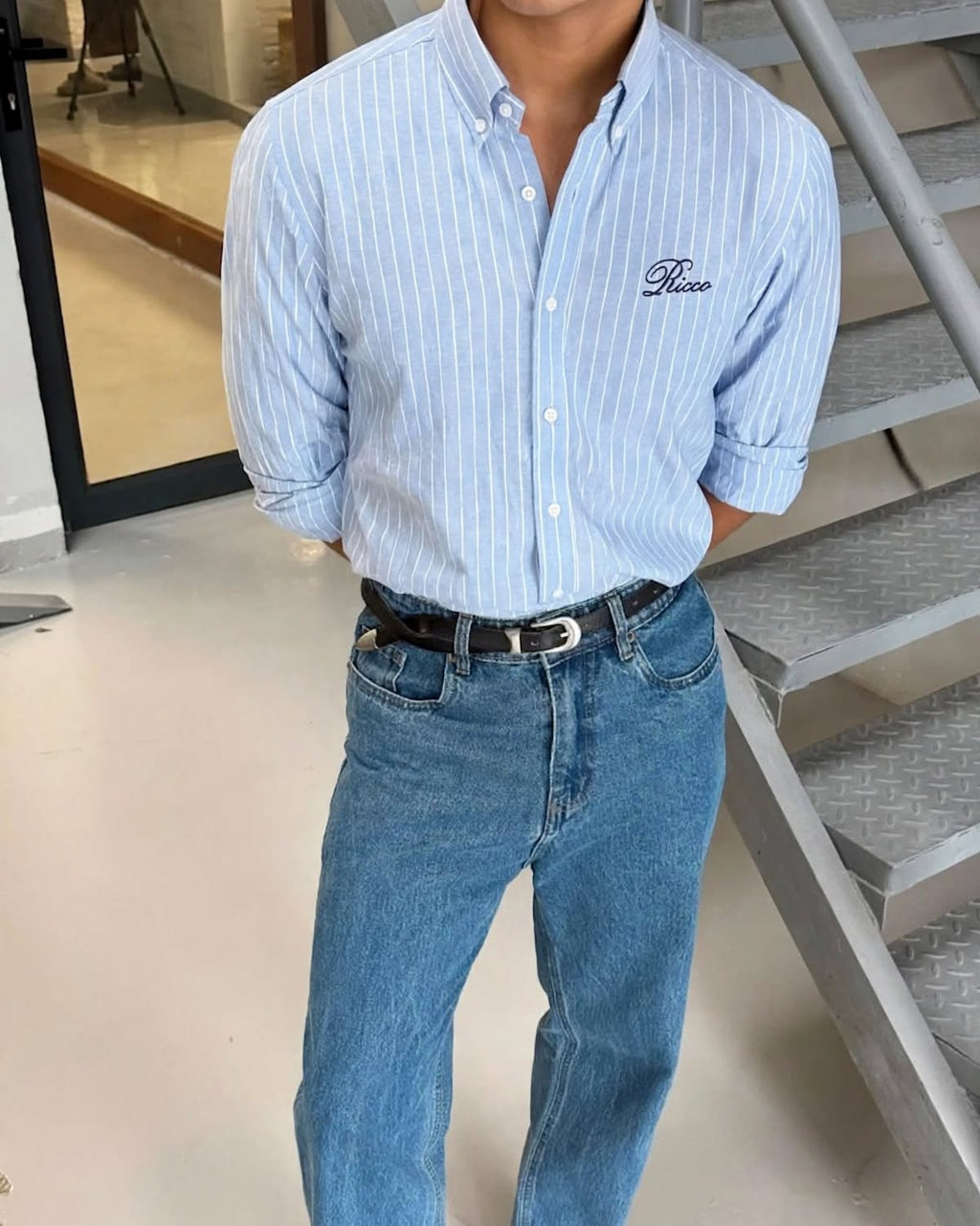 Ricco sky blue seersucker pinstripe button-down shirt, view 6