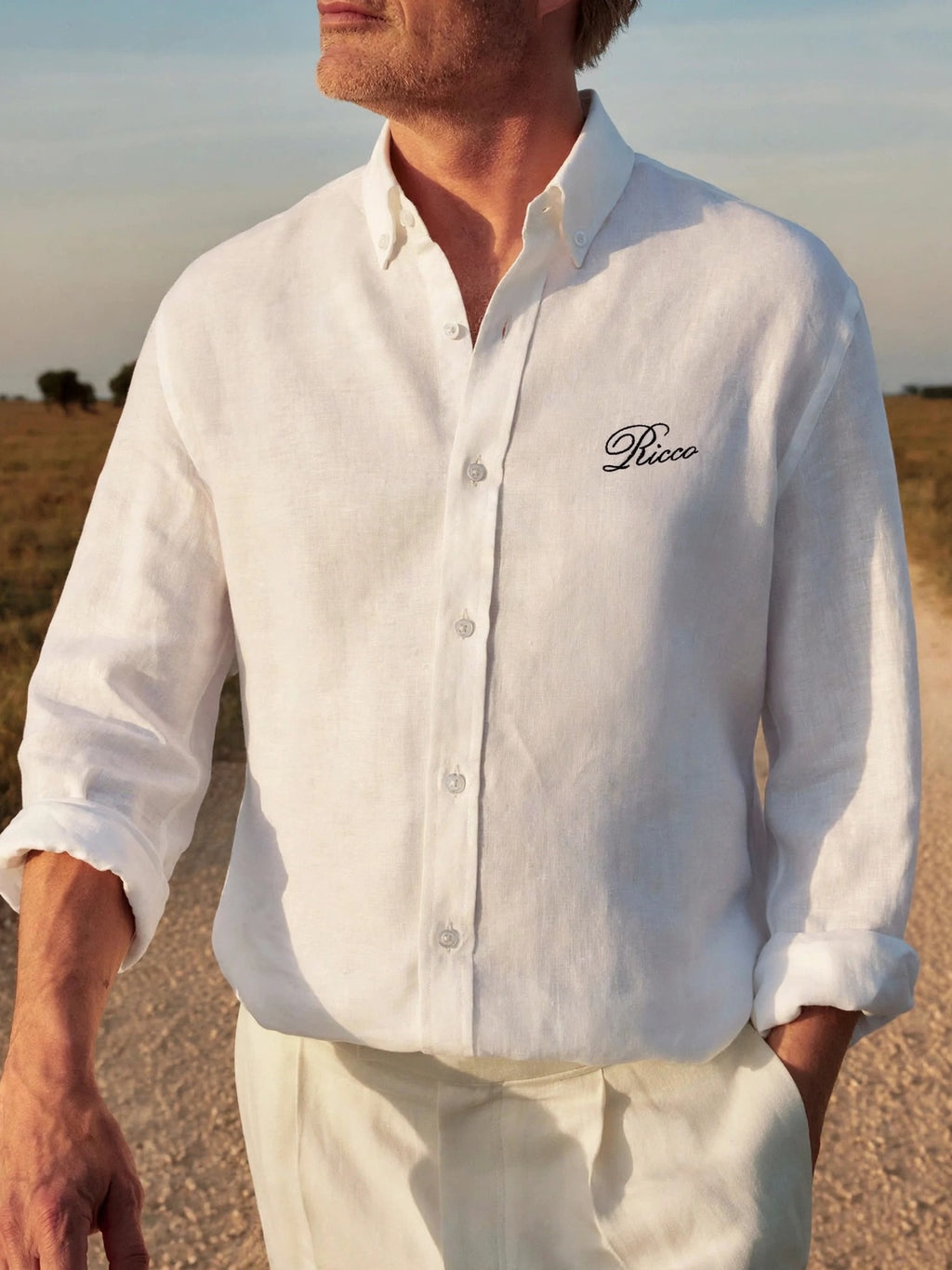 Ricco chalk white linen button-down shirt, view 6