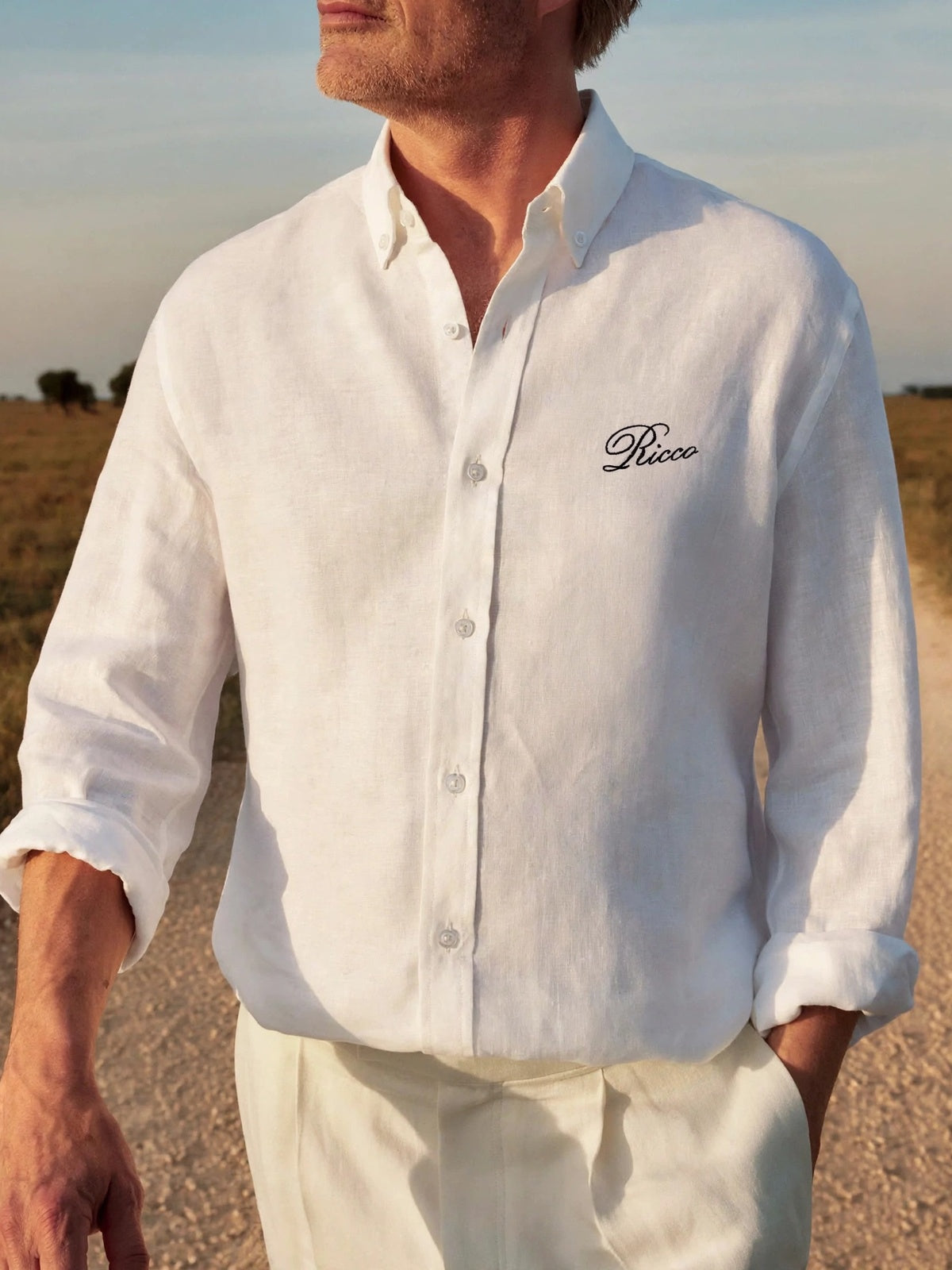 Ricco chalk white linen button-down shirt, view 6